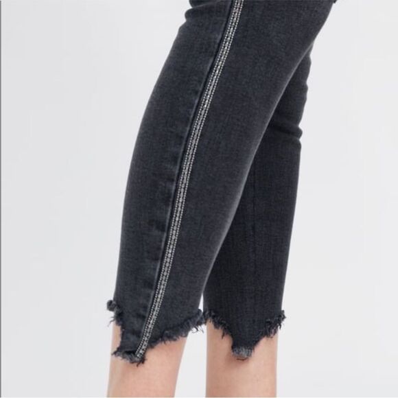 Zara High Rise Black Skinny Jeans Frayed Hem Rhinestone Side Trim Denim‎ Sz 10 - Picture 2 of 12